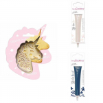 Kit pour biscuit en relief Licorne + 2 Stylos au chocolat blanc et bleu nuit