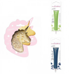 Kit pour biscuit en relief Licorne + 2 Stylos au chocolat vert clair et bleu nuit