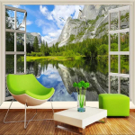 Klasikiniai 3D freskos Langas Ežeras Kalnas Gamta Peizažas Nuotraukos Tapetai Svetainė Miegamasis Sofa 3D Sienos Freskos Dekoras 200 cm(W) x 140 cm(H)