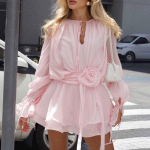 Gėlėtas Ruffles Hemas, Plačios Rankovės, Rai&scaron;teliais Mini Suknelė XXL rožinė