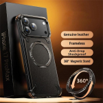 Prabangus natūralios odos telefono dėklas, skirtas iPhone 17 16 15 14 13 Pro Max, su Magsafe magnetiniu, smūgiams atspariu buferiu ir 360&deg; pasukamu žiediniu stoveliu For iPhone 17 Pro Max juoda