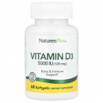 Nature's Plus Vitaminas D3, 5000 ME, 60 mink&scaron;tųjų kapsulių