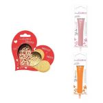 Kit pour biscuit en relief Coeur + 2 Stylos au chocolat rose pastel et orange
