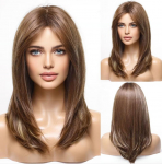 ALAN EATON sintetiniai perukai, ilgi tiesūs sluoksniuota &scaron;ukuosena Ombre Brown mi&scaron;rus pilkas pilnas perukas su kirpčiukais moterims