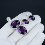 Ametisto pakabuko rinkinys, rožinio kvarco brangakmenis, rankų darbo 925 prabos sidabro auskarų ir pakabuko rinkinys moterims, pakabukas, Padėkos dienos dovana 2.55" violetinė