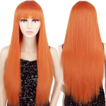 LISI HAIR Sintetiniai ilgi tiesūs perukai su kirpčiukais moterims Cosplay perukas Oranžinės spalvos 30 colių centrinė plaukų dalis Vyno raudona spalva