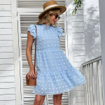 Vasarinė moteri&scaron;ka skraidančiomis rankovėmis O kaklo vienspalvė Pra&scaron;matni mėlyna laisva žakardo &scaron;ifono suknelė S-XL