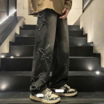 Moteri&scaron;ki vyri&scaron;ki Y2K drabužiai Star Baggy džinsai Amerikieti&scaron;ko stiliaus High Street siuvinėjimo kelnės Korėjos mados drabužiai &Scaron;luostymo kelnės vyrams 2XL juoda