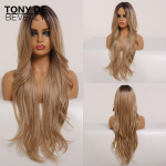 Ilgi sintetiniai priekiniai nėrinių perukai Tamsiai &scaron;aknys Ombre Blonde Banguotas su kūdikio plaukais Didelio tankio kar&scaron;čiui atsparūs nėriniuoti perukai moterims