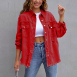 Moteri&scaron;kos džinsinės striukės sagomis nusegami mar&scaron;kinėliai, nuliūdęs paltas su ki&scaron;enėmis M raudona