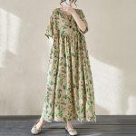 Trumpomis rankovėmis Didelio dydžio medvilninės vintažinės gėlėtos naujos suknelės moterims, laisvalaikio laisvos ilgos vasaros žalia