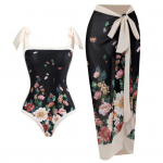 2 vnt / rinkinys Moteri&scaron;ki spausdinti monokini su sijonu, bandeau vientisas kar&scaron;to pavasario maudymosi kostiumėlis su paplūdimio dangteliu S