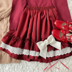 WTEMPO Kawaii Lace Lolita Sijonai Moteri&scaron;ki Harajuku Vintažiniai raukiniai, elastingi juosmens mini sijonai Mink&scaron;ti mergaičių japoni&scaron;ki gatvės drabužiai One Size raudona
