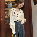 Mar&scaron;kiniai moteri&scaron;ki vintažiniai kratiniai Žibintai Rankovės Sailor Collar College Dvigubai krūtinė Laisvi Atsitiktinis Didelis Dydis S smėlis