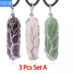&Scaron;e&scaron;iakampiai pusiau brangakmenių karoliai, natūralaus akmens rankomis sužaloti gyvybės medžio pakabukai 3Pcs Set A