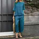 Vienspalvis, laisvalaikio medvilninės lininės spalvos moteri&scaron;kas 3/4 rankovių vir&scaron;us ir kelnių rinkinys