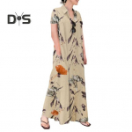 Moteri&scaron;ka vasarinė suknelė A silueto, atlapais, laisva, su gėlių ra&scaron;tu, mar&scaron;kinių tipo, trumpomis rankovėmis, užsegama sagomis, su &scaron;oninėmis ki&scaron;enėmis, kulk&scaron;nių ilgio ilga suknelė M &scaron;viesiai žalios spalvos