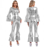 Moteri&scaron;kas vintažinis 70S diskotekinis blizgus kombinezonas varpelio apačia hipio &scaron;liaužtinukas, linksmybių uniforma Helovino Cosplay teminis vakarėlio kostiumas M