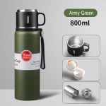 Didelės talpos nerūdijančio plieno termosas, ne&scaron;iojamasis vakuuminės kolbos izoliuotas stiklainis su virviniu termo vandens buteliu 600/800/1000/1500ml 800ML tamsiai žalia spalva