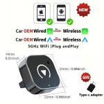 Naujas belaidis &bdquo;CarPlay&ldquo; / &bdquo;Android Auto&ldquo; adapteris, skirtas &bdquo;Android iPhone&ldquo; automobilio jungčių dėžutei, prijungtas prie belaidžio &bdquo;Smart AI Box&ldquo; USB rakto &bdquo;Plug and Play&ldquo; universalus