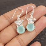 Aqua Chalcedono rankų darbo brangakmenių papuo&scaron;alai, 925 prabos solidūs sterlingų sidabro auskarai, unikalaus dizaino papuo&scaron;alai, moterims 1.50 Inches mėlyna