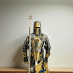Viduramžių pilno dydžio riterio rankų darbo poliruotas nerūdijantis plienas su auksinėmis detalėmis Apima &scaron;arvų kostiumą Cosplay kūno kostiumą