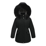 Paauglių mergaičių žieminis parkas Vaikų vienspalvis juosmens sutraukiamas storintas izoliuotas pliu&scaron;inis gobtuvas striukė paltas Vaikų drabužiai Ilgas vir&scaron;utinis drabužis 140 juoda