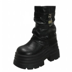 Madingi 10CM Kulniukai Moteri&scaron;ki Rudens Žiemos Odiniai Ankle Boots Storas Platforminis Combat Boots Nauji Neslystantys Motociklininkų Batai Moteri&scaron;ki Punk Batai 34 juoda