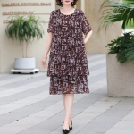 Moteri&scaron;ka didelio dydžio marginta &scaron;ifono suknelė, dvigubo sluoksnio pamu&scaron;alu, laisva vasarinė maxi suknelė (3XL-7XL) 3XL ruda