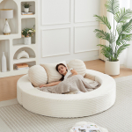 Universalus 4-in-1 sofa-lova, kurią galima naudoti tiek kaip pusapvalę sofą, tiek kaip apvalų daybedą, Du apvalūs ir vienas kvadratinis pagalvės smėlis