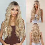 Ombre Blonde Platinum sintetiniai perukai ilgi garbanoti banguoti natūralių plaukų perukas moterims Afro Cosplay perukas kar&scaron;čiui atsparūs perukai su kirpčiukais