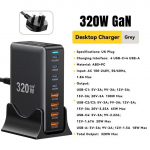 Essager 320W GaN Greitas Stalinis 8-portų USB Type C PD Įkroviklis Greitas Įkrovimas iPhone 16 15 14 13 Huawei Samsung Xiaomi Ne&scaron;iojamam kompiuteriui iPad UK Plug juoda