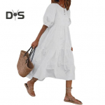 Moteri&scaron;ka vasarinė midi suknelė trumpomis žibintų rankovėmis, apvalios i&scaron;kirptės lininė suknelė laisva kasdienė bohemi&scaron;ka paplūdimio vasarinė suknelė M balta