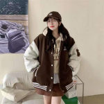 Harajuku Dydelio dydžio bomber striukės Moteri&scaron;kos su raidžių spaudiniu ir siuvinėjimu Varsity beisbolo striukė Vintage Korėjieti&scaron;ki gatvės drabužiai M kava
