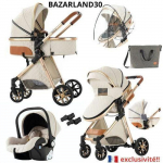 BAZARLAND30.Poussette 3 en 1 B&eacute;b&eacute; Combin&eacute;e Si&egrave;ge-Auto Nacelle Trio R&eacute;versible Haute Qualit&eacute; Roues increvables Canne.Blanc cass&eacute; balta