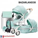 BAZARLAND30.Poussette 3 en 1 B&eacute;b&eacute; Combin&eacute;e Si&egrave;ge-Auto Nacelle Trio R&eacute;versible R&eacute;glable Haute Qualit&eacute; Roues increvables Canne.Vert žalia