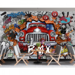 Grafiti freska Retro Nostalgi&scaron;ka 3D plytų sienos freska Automobilio grafiti plakatas Didelė freska Kūrybingos kavinės restorano tapetai 200 cm(W) x 140 cm(H)