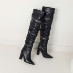 lenkisen PU rudeniniai žieminiai batai smailia nosyte Itin stori auk&scaron;takulniai žirginiai batai klostuoti i&scaron;laiko &scaron;ilumą Madingi batai vir&scaron; kelių 34 juoda