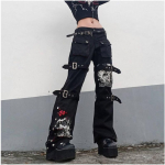 E-girl Gothic Black Cargo Pants Capri Moteri&scaron;ki žemo juosmens džinsai Ilgos kelnės Y2K Grunge Vintage Hip Hop Punk Harajuku Streetwear XS juoda