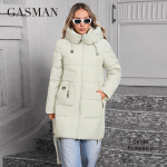 GASMAN 2024 Moteri&scaron;ka pūkinė striukė Vidutinė Klasikinio dizaino su užtrauktuku Big Pocket Stand apykakle su gobtuvu Plonas paltas Moteri&scaron;kas Parkas 83356 S smėlis