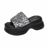 Madingi 7CM Bling platforminiai plei&scaron;tiniai &scaron;lepetės moterims nauji vasariniai batai lauke kvėpuojantys &scaron;lepetės paplūdimio odiniai &scaron;lepetės batų stambios basutės 34 sidabras