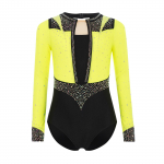 Mergaičių gimnastikos triko su ilgomis rankovėmis, rakinama nugara, blizgančiais kalnų kri&scaron;tolais, dailiojo čiuožimo &scaron;okių drabužiai 5-6 Years fluorescencinė geltona spalva