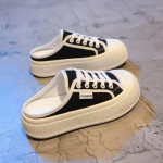 Storo pado pir&scaron;tų galų pusiau &scaron;lepetės moteri&scaron;kos lauko avalynės vasaros nauji laisvalaikio balti batai drobės batai sandalai 40 juoda