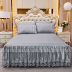3pcs Set Soft Lace Bed Skirt King Queen Size Bedspread Solid Color Luxury Princess Romantic Bed Spread with pillowcase