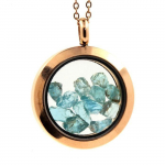 Pierres et Min&eacute;raux. Collier Apatite Paraiba brut. Mod&egrave;le M&eacute;daillon 30 mm. Couleur Or rose.