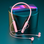 &bdquo;Bluetooth&ldquo; belaidės ausinės, pakabinamos ant kaklo, sportinės dvibalinės, į ausį įdedamos kaklo pakabinamos, tipas itin ilgas budėjimo režimas rožinė