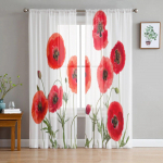 Raudonų aguonų gėlių tiulio permatomos langų užuolaidos svetainei, miegamajam, modernios &scaron;ifono voilo užuolaidos, audinio drapiruotės 135W x 114H(cm)