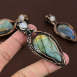 Natural Labradorite, Moonstone Gemstone Copper Wire Wrap Pendant 3.54 q2o18