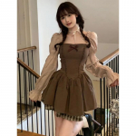 Kontrastingos spalvos Korėjieti&scaron;kas lankas, moteri&scaron;kas suknelės plonas juosmuo Tunika Saldžios suknelės Y2k Estetinė mada Eleganti&scaron;ka Puff Sleeve Vestido S ruda