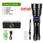 2024 m. naujausias XHP 360 itin ry&scaron;kus didelio galingumo žibintuvėlis, įkraunamas 26650 lauko žibintuvėlis. Kit D